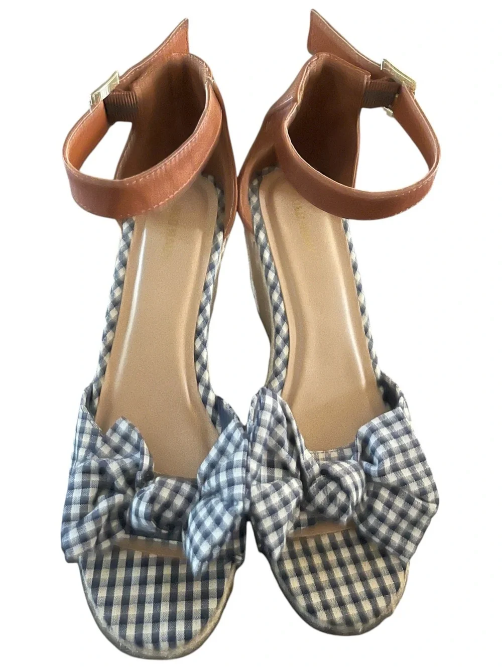 Old Navy Gingham Bow-Tie Espadrille Wedges navy and white checkered‎ bow 8.5